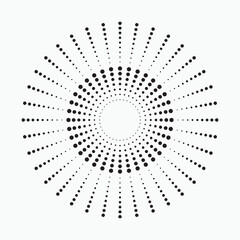 Radial halftone dots in Circle Form. Dotted fireworks explosion background. Starburst round Logo. Circular Design element. Abstract Geometric star rays.