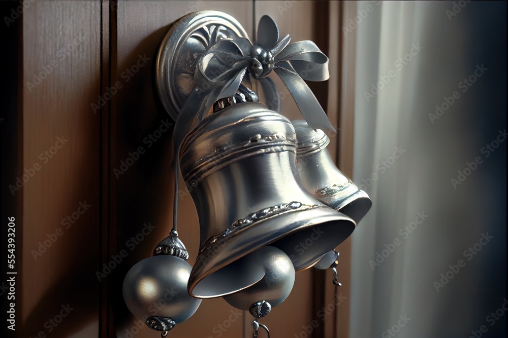 Poster a metal bell with a bow on it hanging from a door handle with a bow on it's side. generative ai