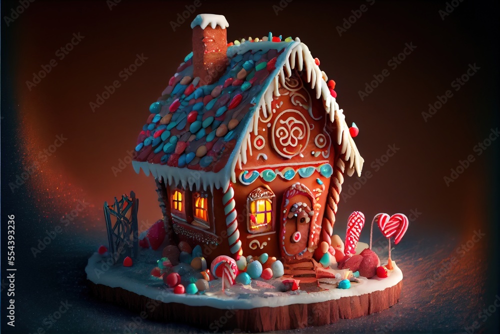 Poster a gingerbread house with candy and candies on a table top with a red background and a black backgrou