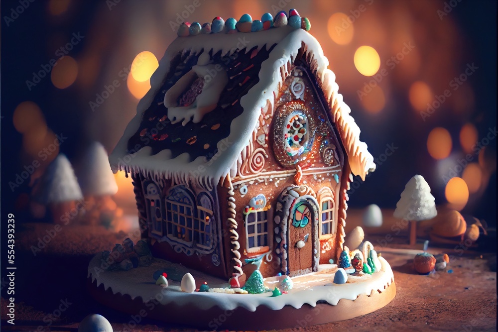 Poster a gingerbread house with a clock on top of it and a lot of candy around it on a table. generative ai