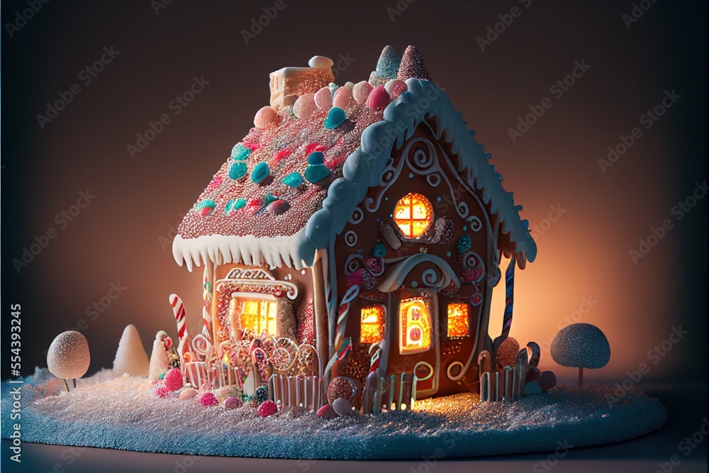 Poster a gingerbread house with a lit window and a candy cane tree on top of it in the snow. generative ai