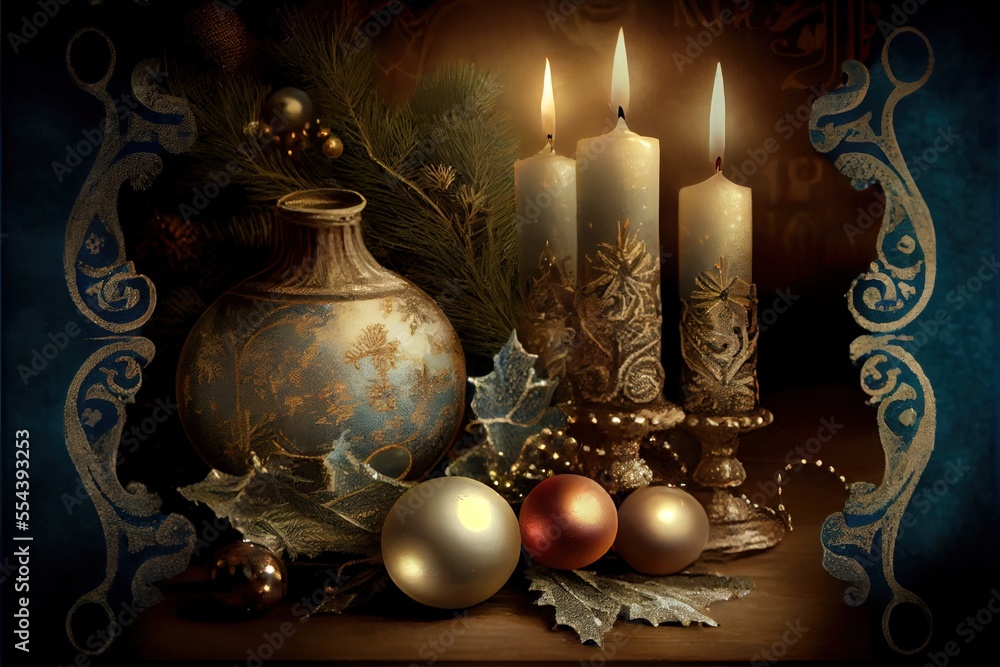 Poster a painting of a vase with candles and ornaments around it on a table with a blue background and a go