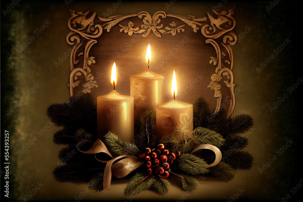 Poster a group of three candles sitting next to each other on a table with holly and cones on it and a bow.