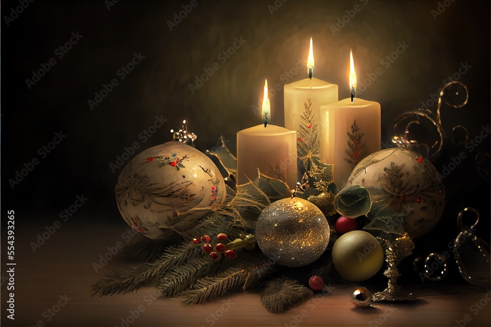 Poster a group of candles sitting next to a bunch of ornaments on a table with a candle in the middle. gene