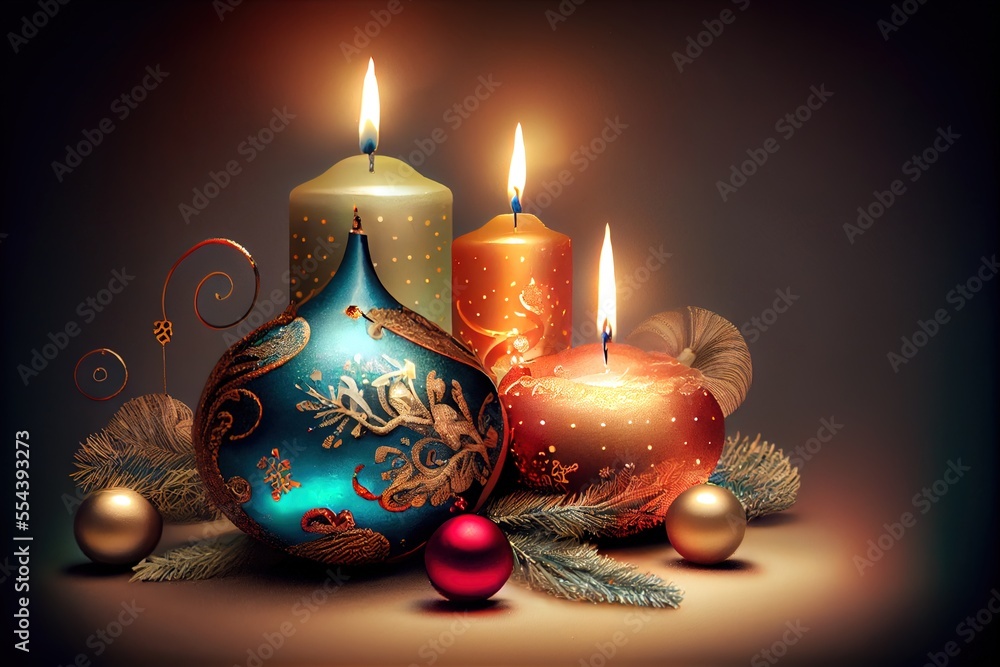 Poster a group of three candles sitting next to each other on a table top next to ornaments and a christmas