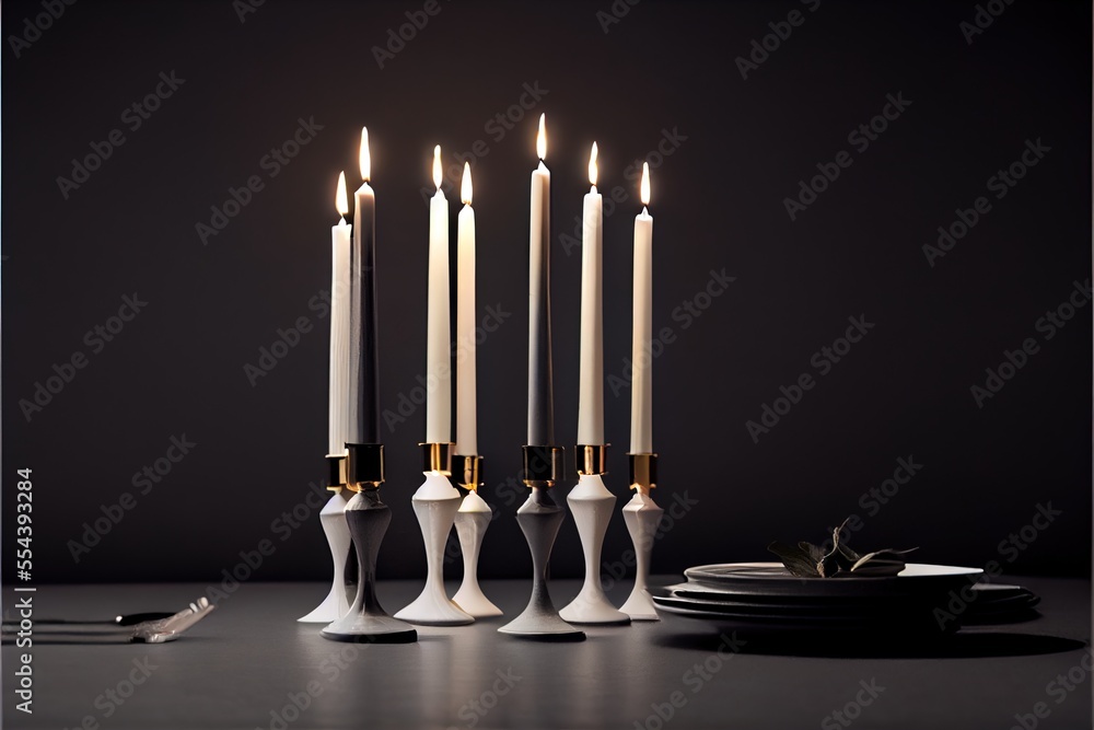 Poster a group of candles sitting on top of a table next to plates and forks and knives on a table. generat