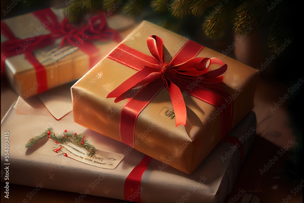 Poster two wrapped presents sitting on top of each other on a table next to a christmas tree and a small to