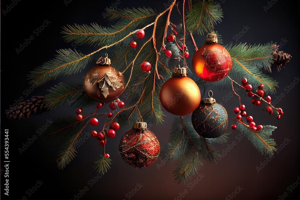 Poster a bunch of ornaments hanging from a tree branch with pine cones and berries on it's branches and pin