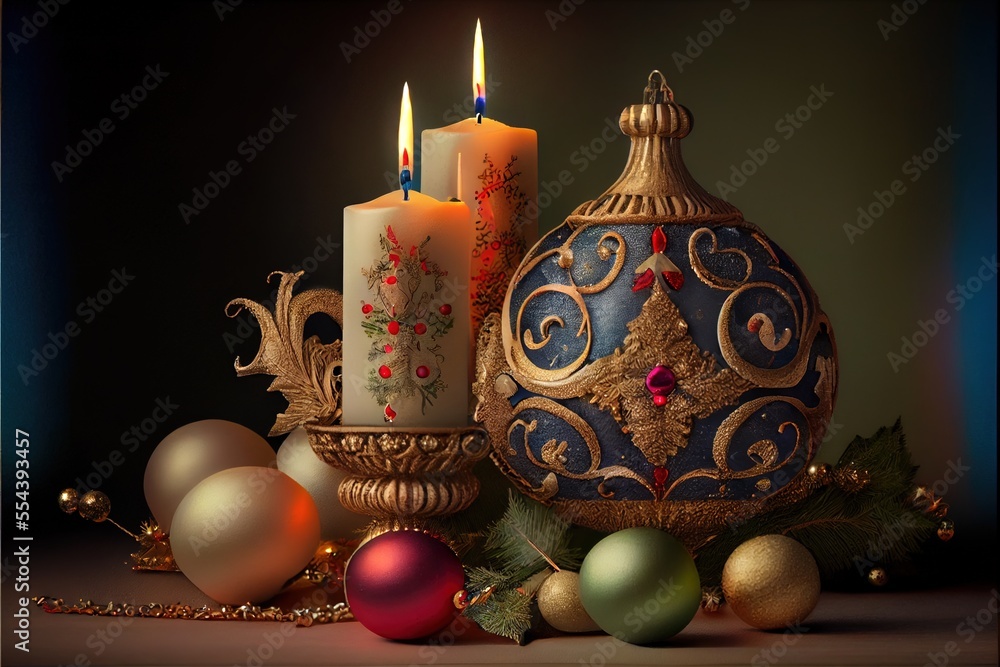 Poster a group of christmas ornaments with candles in them and ornaments around them on a table with a blac