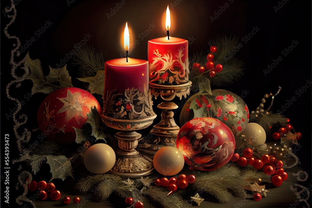 Poster a candle and ornaments on a table with holly and berries on it and a black background with a red can