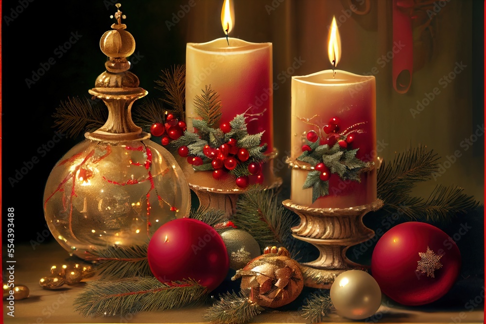 Aufkleber a painting of christmas decorations and candles on a table with a red background and a red frame aro