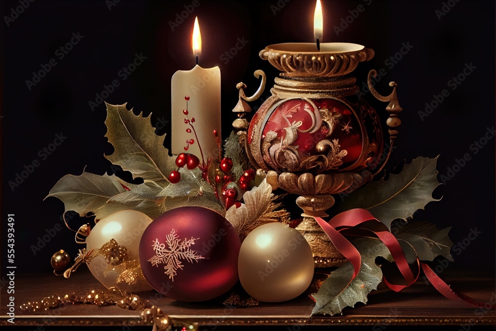 Poster a candle and ornaments on a table with a ribbon and a candle holder in the background with a candle.