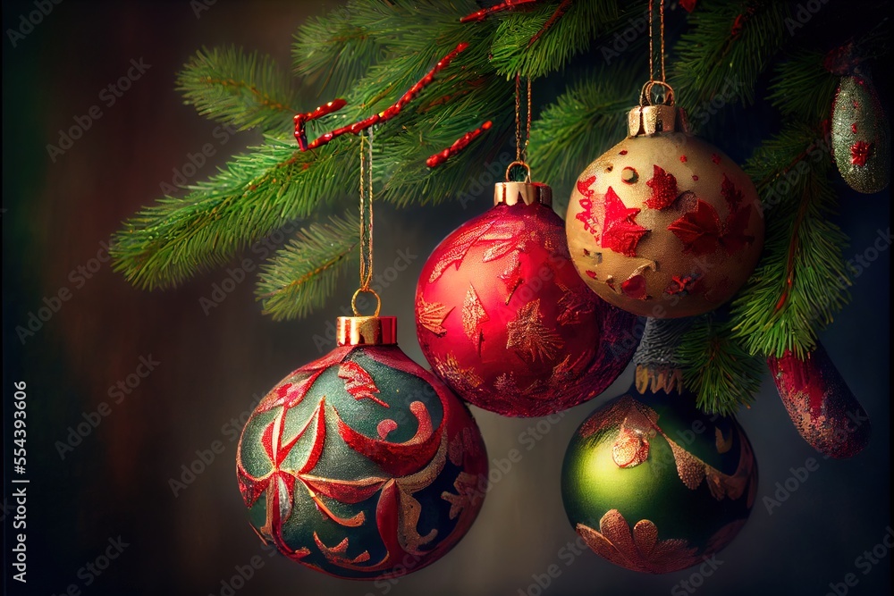 Poster a group of christmas ornaments hanging from a tree branch with a dark background and a green branch 