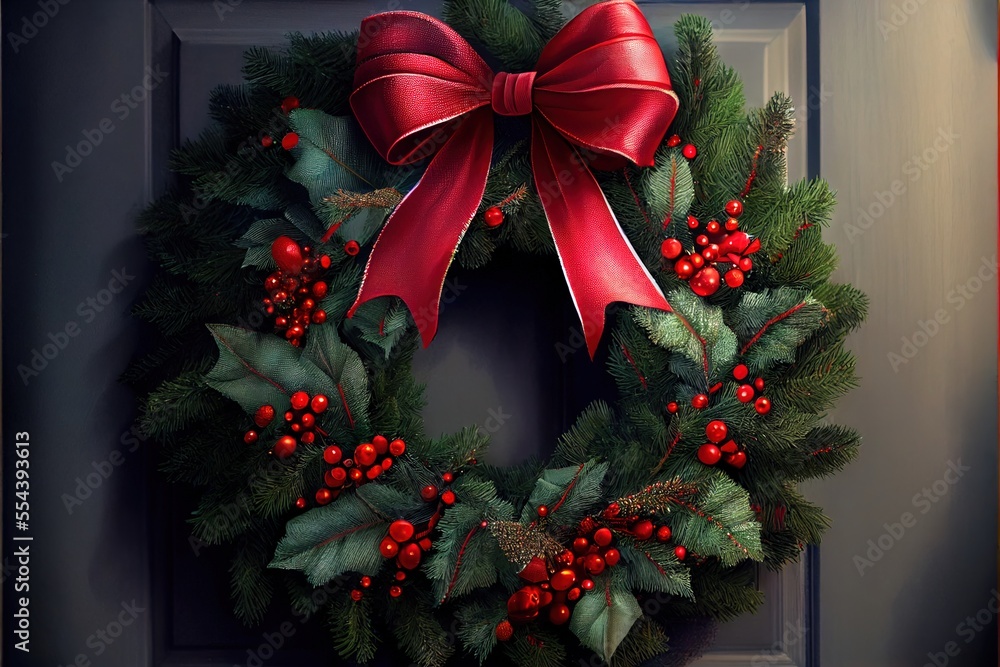Poster  a christmas wreath with a red bow on a door frame with holly and red berries on it and a red ribbon. Generative AI