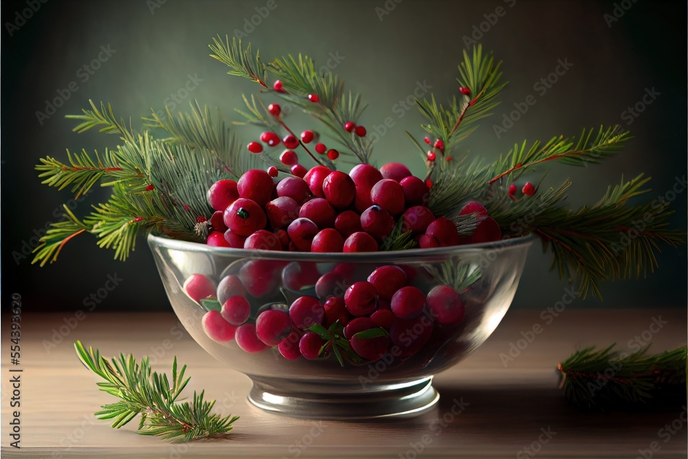 Poster a painting of a bowl of berries and pine needles on a table with a green background and a pine branc