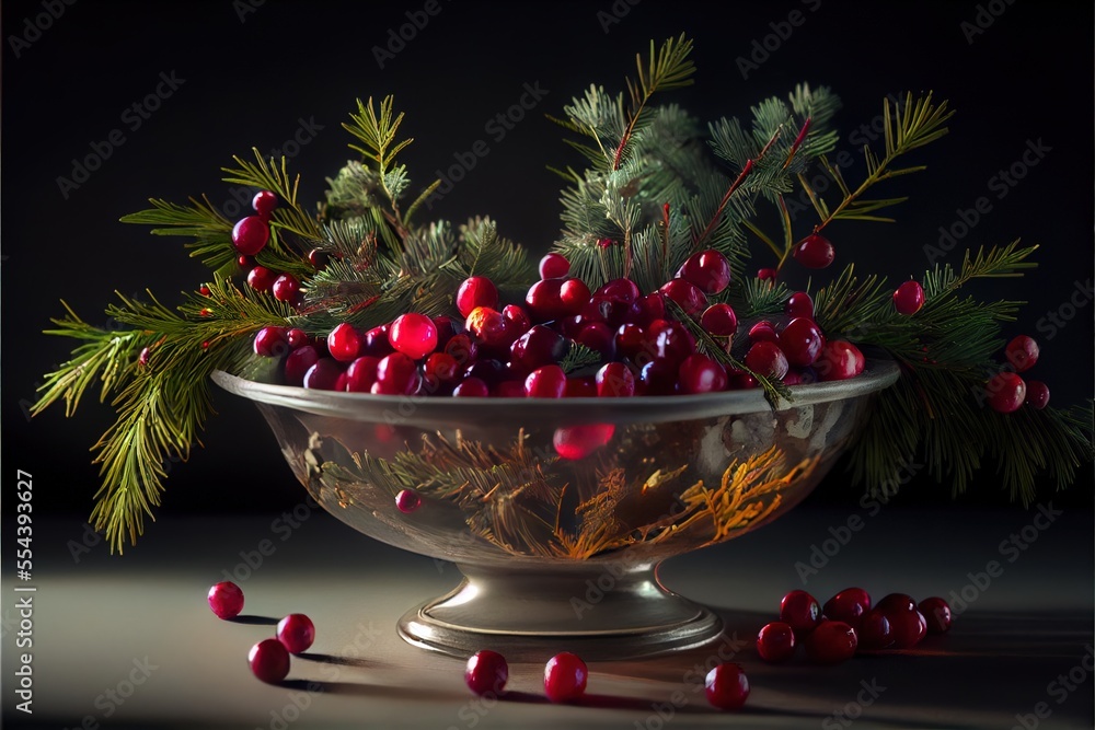 Poster a bowl of berries and pine needles on a table with a dark background and a black background behind i