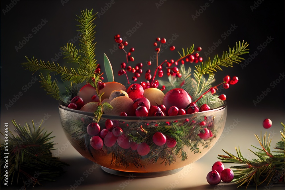 Poster a bowl of fruit and berries on a table with pine needles and berries in it. generative ai