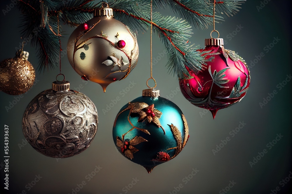 Poster a group of christmas ornaments hanging from a tree branch with a dark background and a green pine br