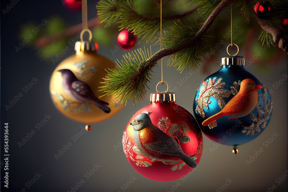 Poster a group of ornaments hanging from a tree branch with a bird on it's ornament and a pine branch with 