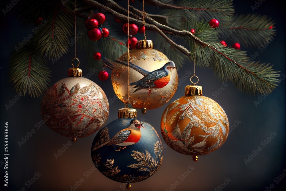 Aufkleber a bunch of ornaments hanging from a tree branch with a bird on it's ornament and a pine branch. gene