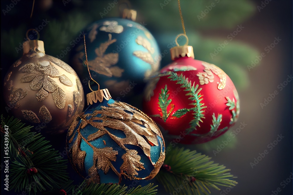 Poster a group of christmas ornaments hanging from a tree branch with pine needles and needles on it's side