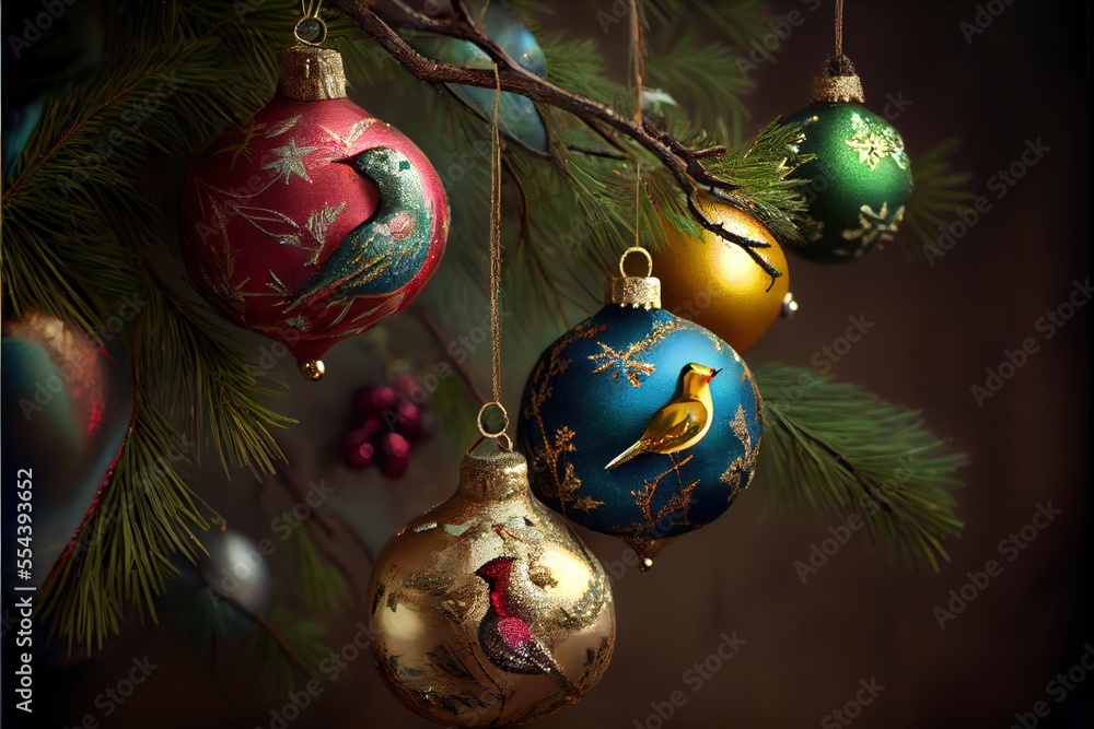 Poster a bunch of ornaments hanging from a tree branch with a bird on it's ornament hanging from the branch