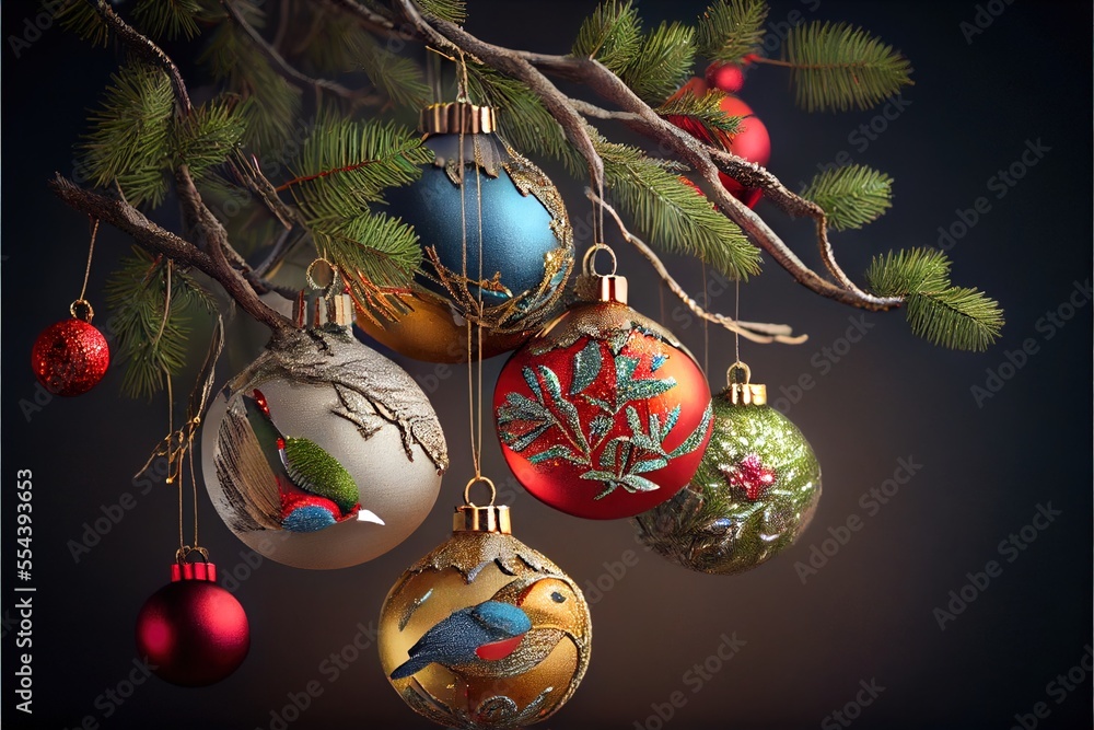 Poster a bunch of ornaments hanging from a tree branch with a dark background in the background. generative