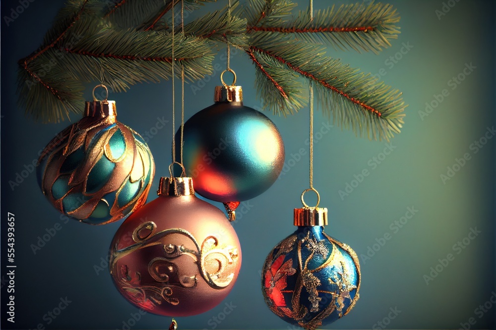 Aufkleber a group of christmas ornaments hanging from a tree branch with a blue background and a pine branch i