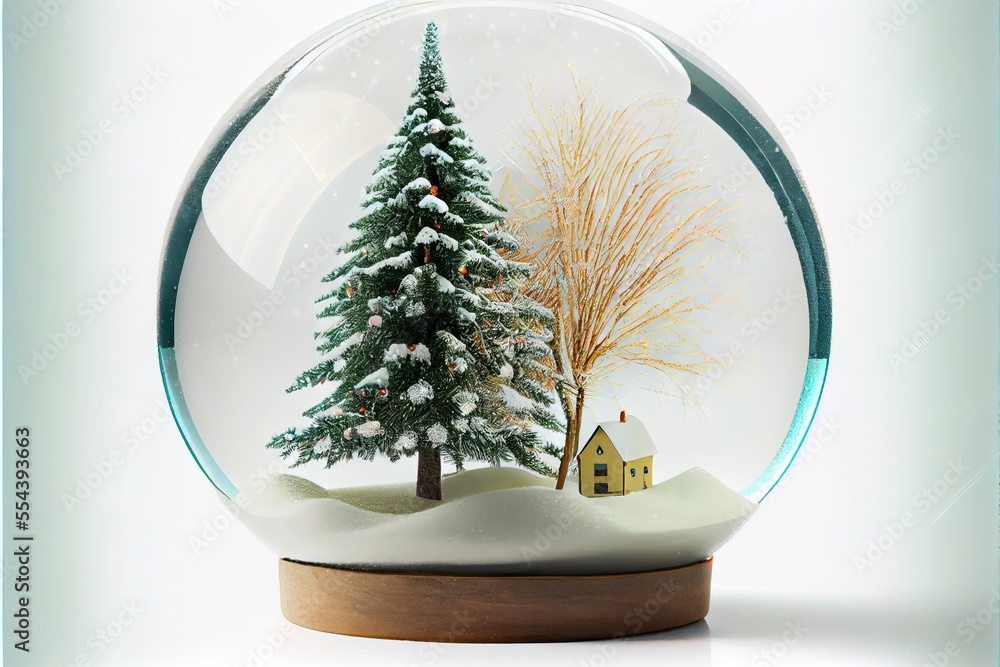 Poster a snow globe with a small house and a tree inside of it. generative ai