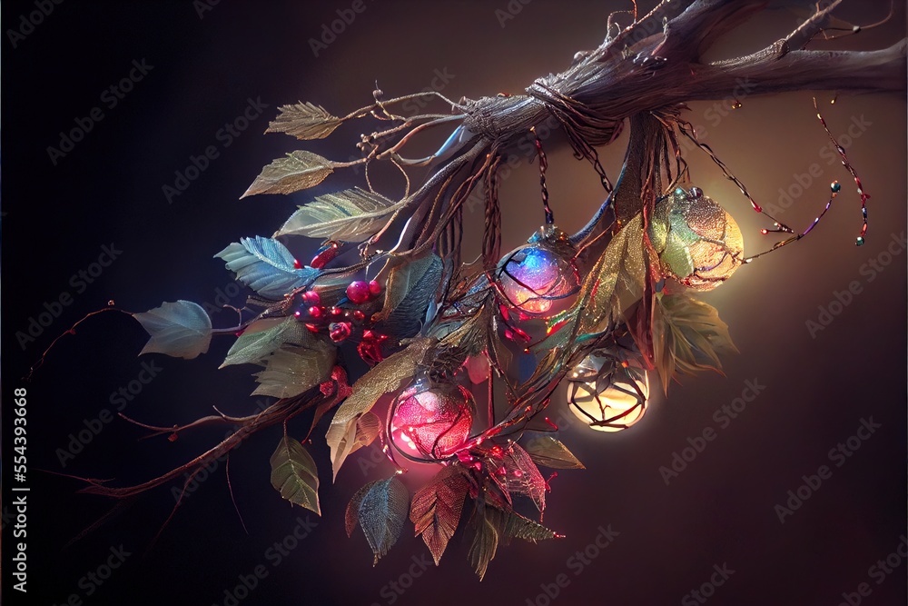 Poster a branch with some lights hanging from it's branches and leaves on it's sides and a branch with some