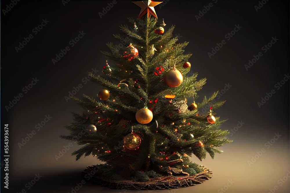 Poster a christmas tree with ornaments and lights on it's branches and a star on top of it. generative ai