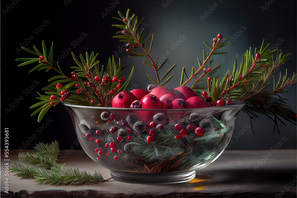 Poster a bowl of berries and pine cones with evergreen needles and red berries on a table top with a dark b