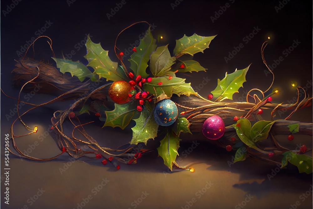 Poster a painting of holly with ornaments and lights on it's branches and a twig with a candle. generative 