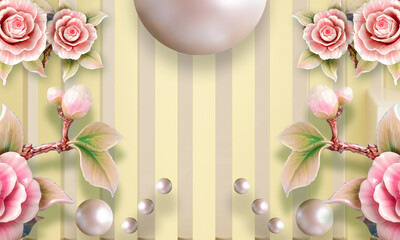 pink roses and butterfly's 3D wallpaper 
