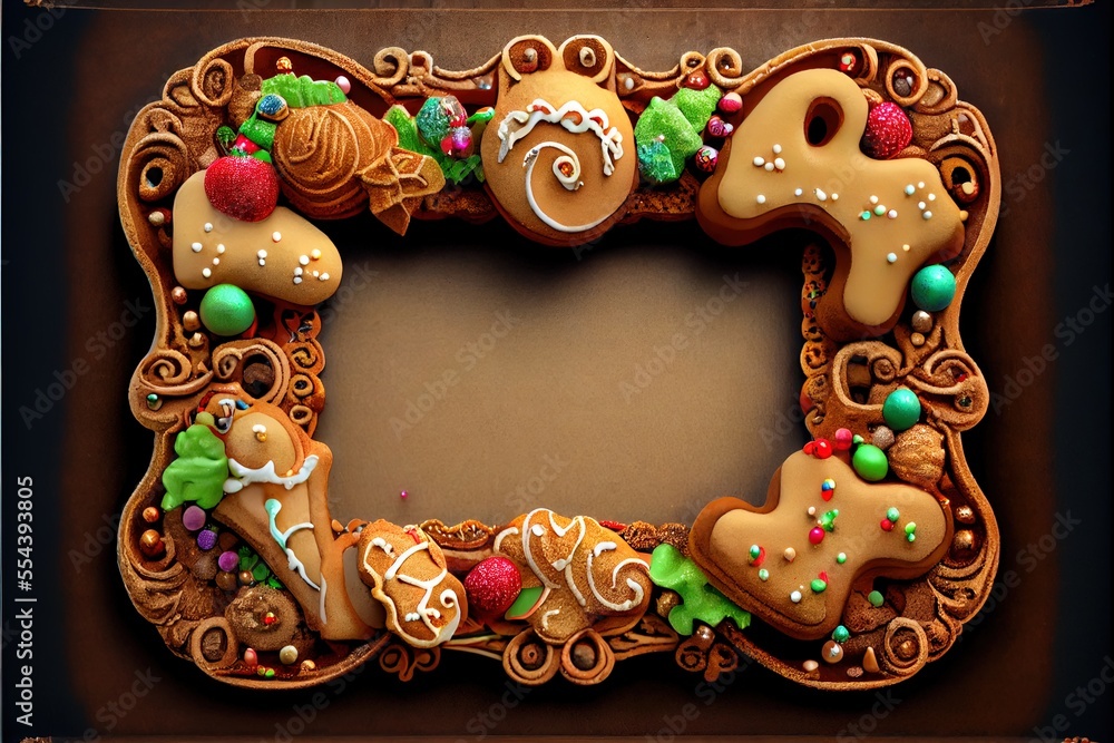 Poster a decorated frame with a gingerbread cookie and other cookies in it. generative ai