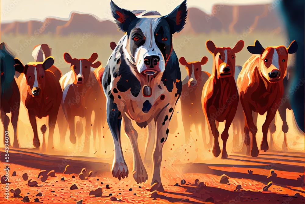 Poster a painting of a dog running in front of a herd of cows in the desert with a mountain in the backgrou
