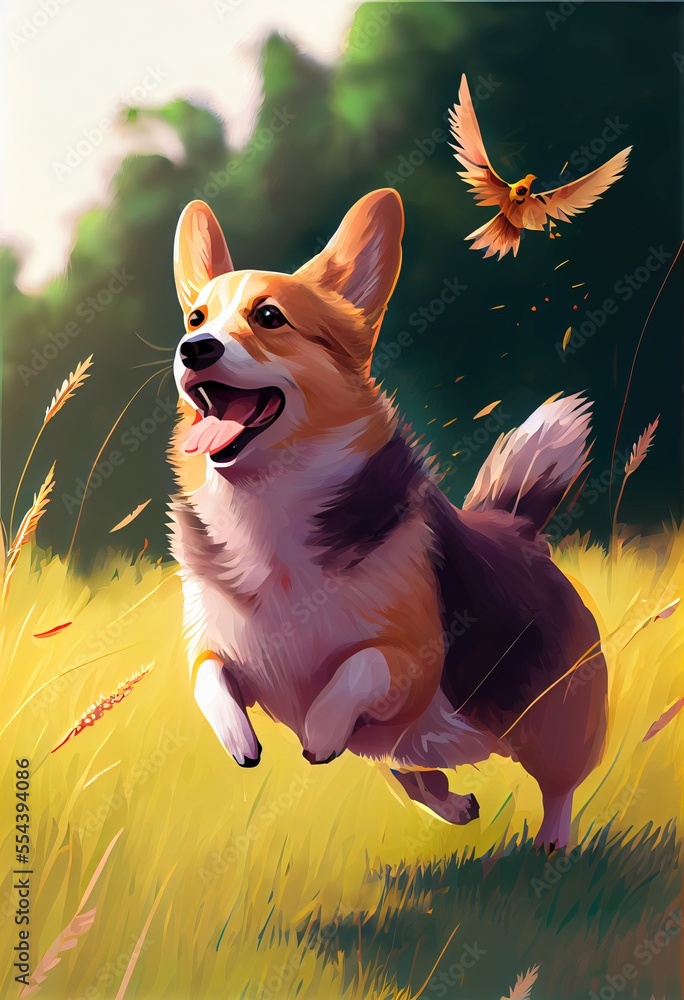 Poster a dog running through a field with a bird flying above it and a bird flying above it in the backgrou