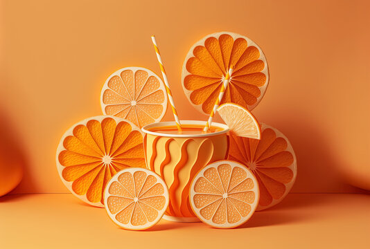 Freshly piled orange slices and a straw are arranged in a summer composition on a vivid orange backdrop. Innovative idea for a healthy diet. tropical fruit juice that's organic. Generative AI