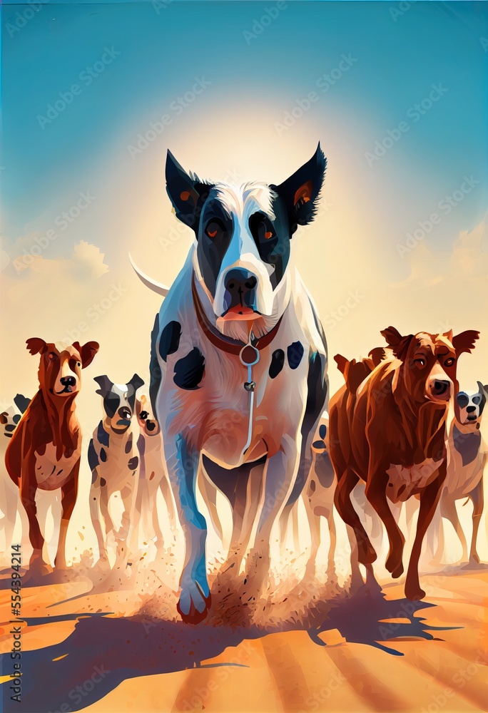 Poster a painting of a dog running in front of a herd of cows in the desert with a sky background. generati