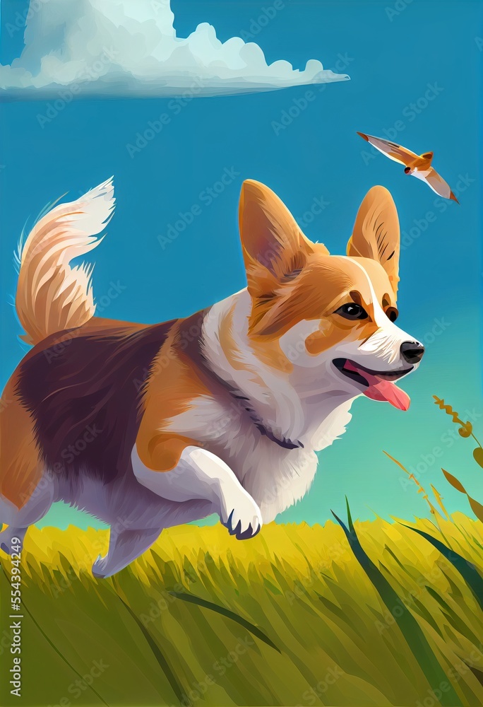 Poster a dog running through a field with a bird flying above it and a bird flying above it in the sky. gen