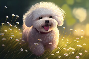  a white dog is running through a field of daisies and daisies in the grass with a smile on its face. generative ai - obrazy, fototapety, plakaty