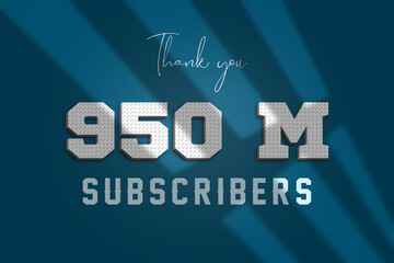 950 Million subscribers celebration greeting banner with 3D Paper Design