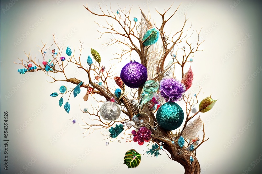 Poster a tree with ornaments hanging from it's branches and a butterfly on the branch of it's branch. gener