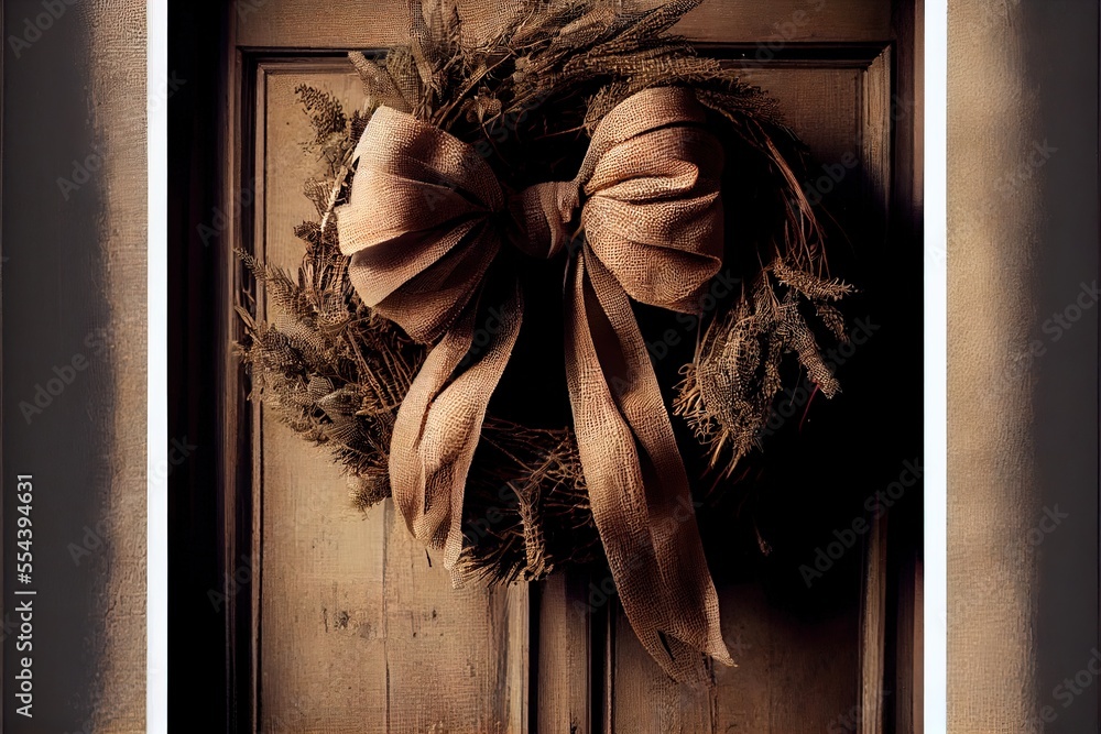 Poster a wreath on a door with a bow on it's front door handle and a ribbon hanging from the front. generat