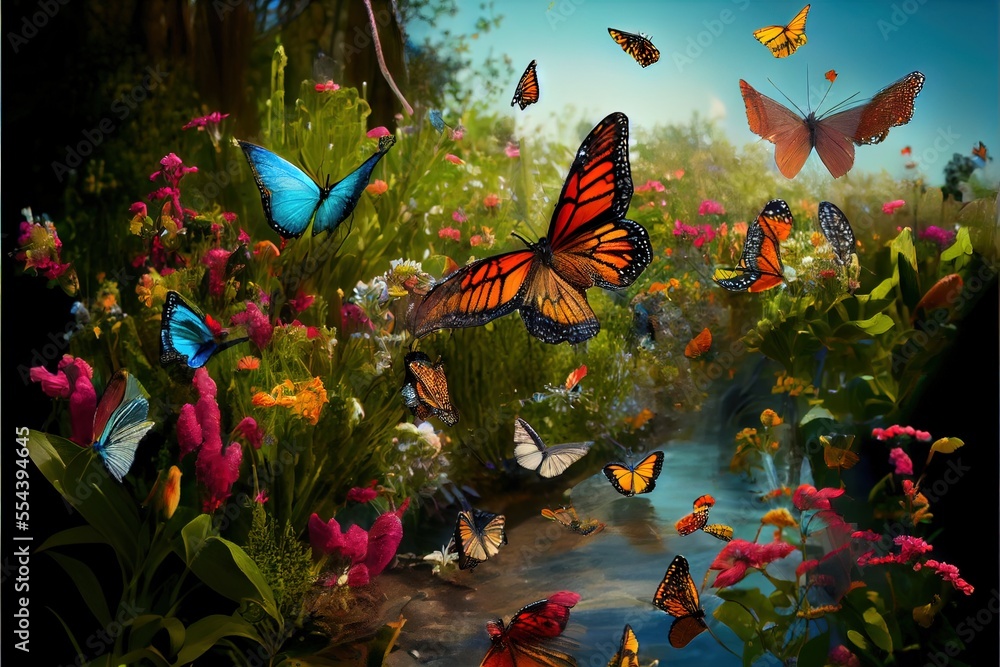 Poster a painting of a stream surrounded by butterflies and flowers in a forest setting with a stream runni