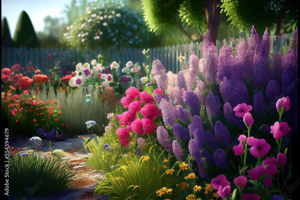 Poster a garden with flowers and a fence in the background is shown in this image. generative ai