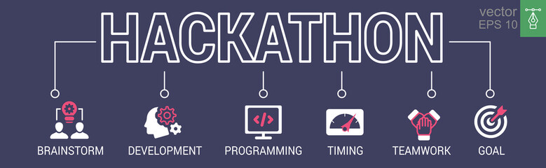 Hackathon design sprint-like event banner. Challenge, programming, idea, online, strategy, technology. Vector Illustration concept with keywords and icons. EPS 10.