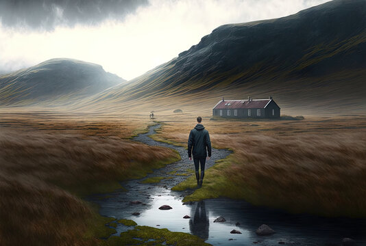 Walking Across The Icelandic Countryside Is A Man. Generative AI