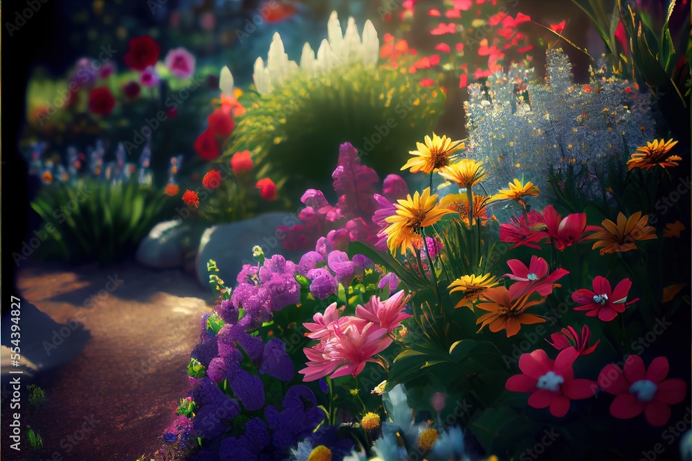 Poster a garden with flowers and rocks in the background and a path leading to it with a rock wall in the f
