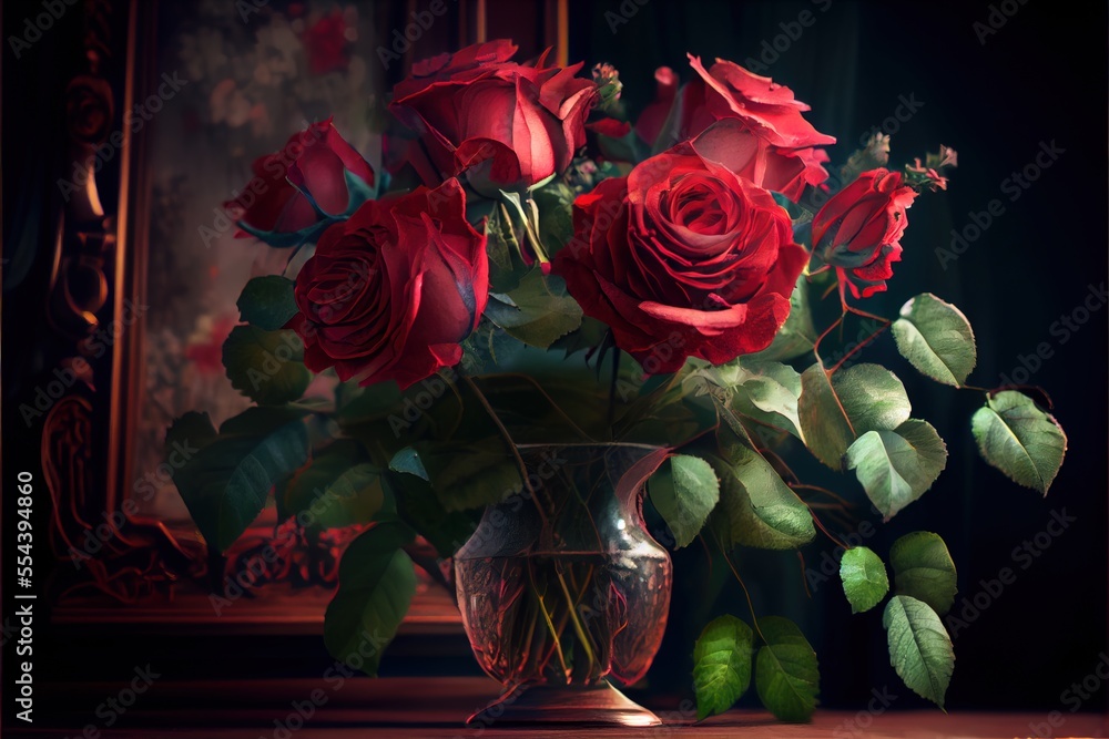 Poster a vase filled with red roses on a table next to a mirror and a framed picture of a window. generativ